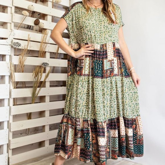 easel Dresses Easel Sage Mixed Print Short Sleeve Maxi Dress Poshmark